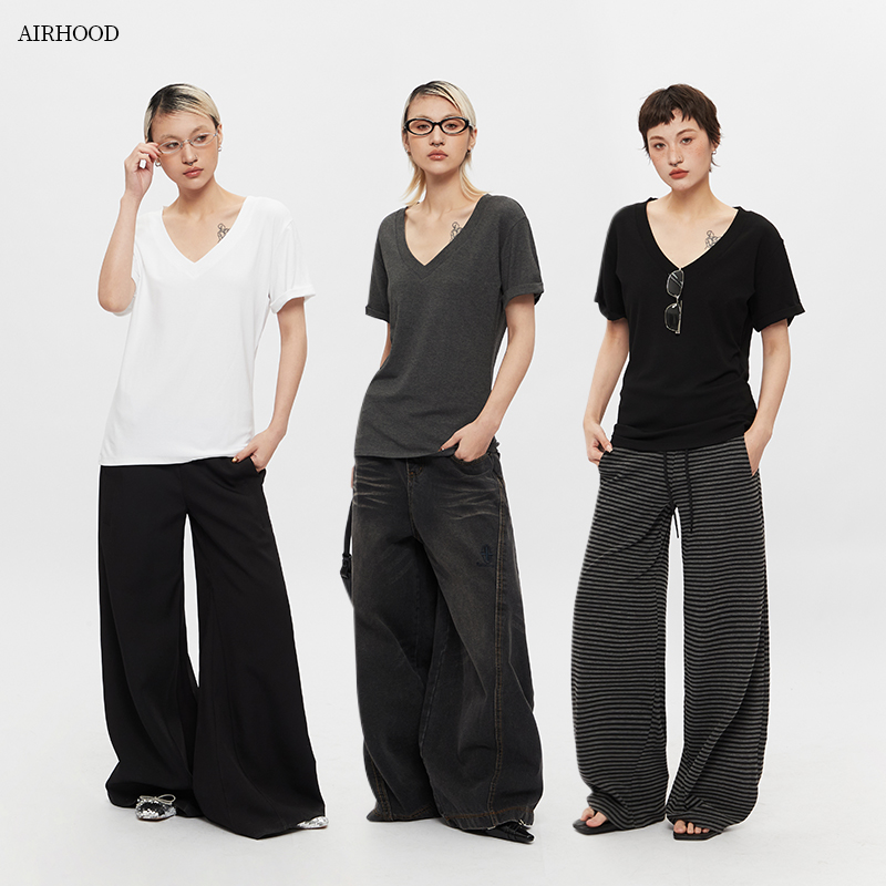 AIRHOOD 2025修身简约V领短袖T恤女大领口半袖显瘦慵懒上衣夏季