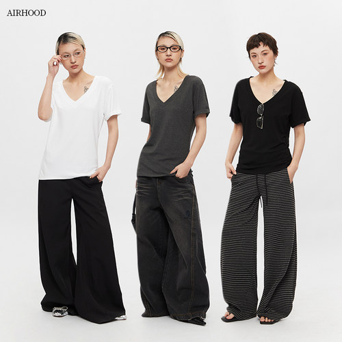 AIRHOOD 2026修身简约V领短袖T恤女大领口半袖显瘦慵懒上衣夏季
