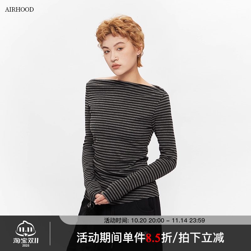 AIRHOOD美式条纹一字肩长袖T恤女2025春秋季新款露肩修身辣妹上衣