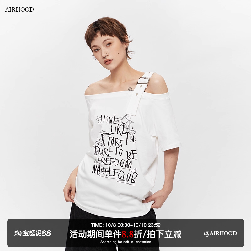 AIRHOOD夏季2025辣妹一字领短袖T恤韩版宽松斜肩不规则露肩上衣女