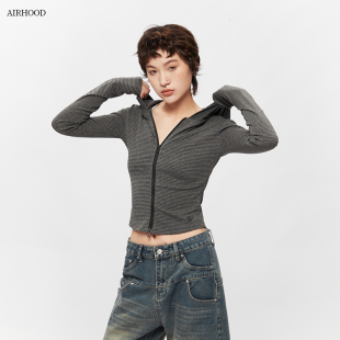 AIRHOOD秋季复古条纹修身连帽拉链开衫长袖T恤女短款打底辣妹上衣