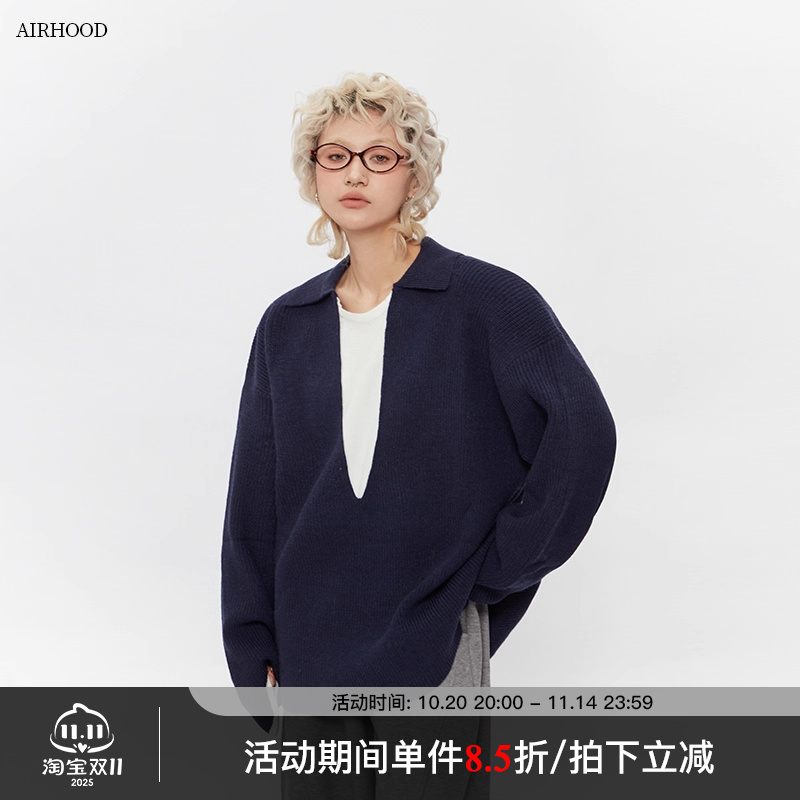 AIRHOOD 秋冬季韩版假两件V领设计慵懒宽松情侣内搭毛衣针织衫女