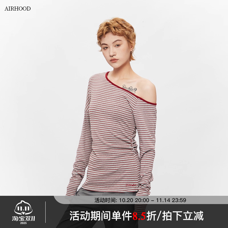 AIRHOOD 美式辣妹露肩条纹长袖t恤女秋季2025斜领修身收腰上衣ins