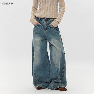 女 vibe风高街宽松休闲阔腿裤 AIRHOOD 2025秋冬复古廓形弯刀牛仔裤