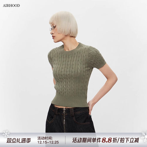 AIRHOOD复古2025夏季圆领短袖t恤针织衫女装麻花修身短款正肩上衣