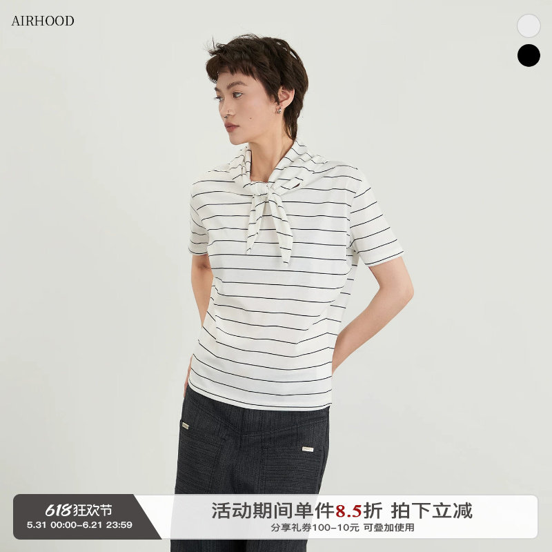 AIRHOOD 2026条纹领结短袖T恤女设计感小众青少年休闲百搭上衣夏