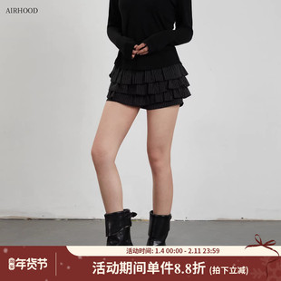 AIRHOOD 2025春夏黑色条纹百褶蛋糕裙女层次高腰A字半身短裙裤裙