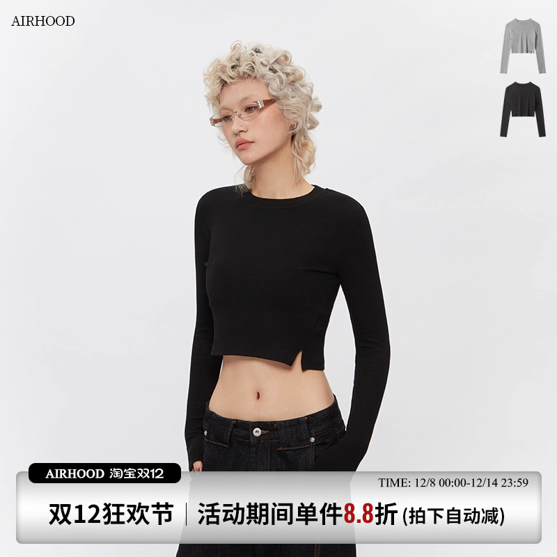 AIRHOOD 2025春秋季紧身短款辣妹内搭T恤修身圆领打底长袖上衣女