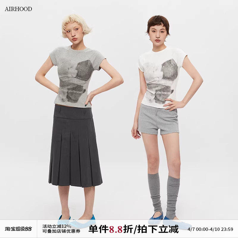 AIRHOOD美式圆领复古正肩短袖T恤女修身印花夏季短款辣妹紧身上衣