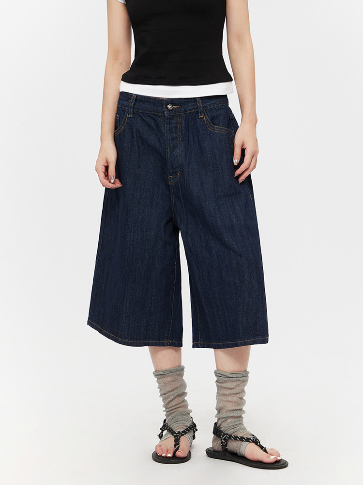 2025 Summer New Straight Wide-Leg Retro Cropped Pants American Loose Denim Shorts for Men and Women