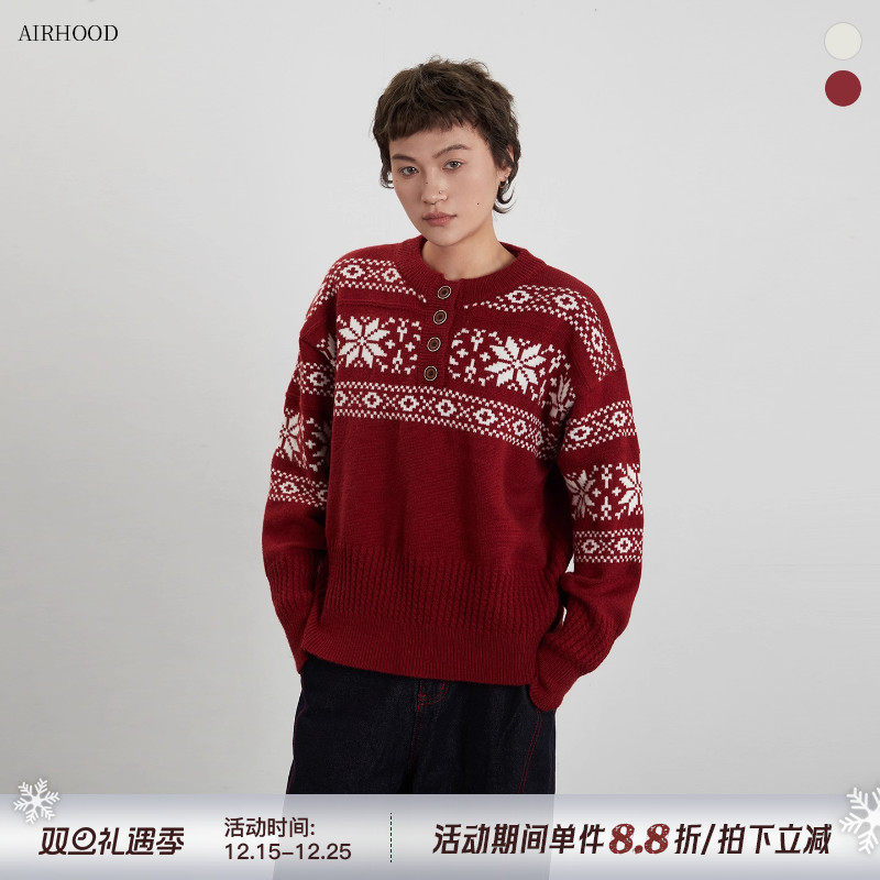 AIRHOOD 红色圣诞费尔岛亨利领毛衣女秋冬套头圆领打底外穿针织衫