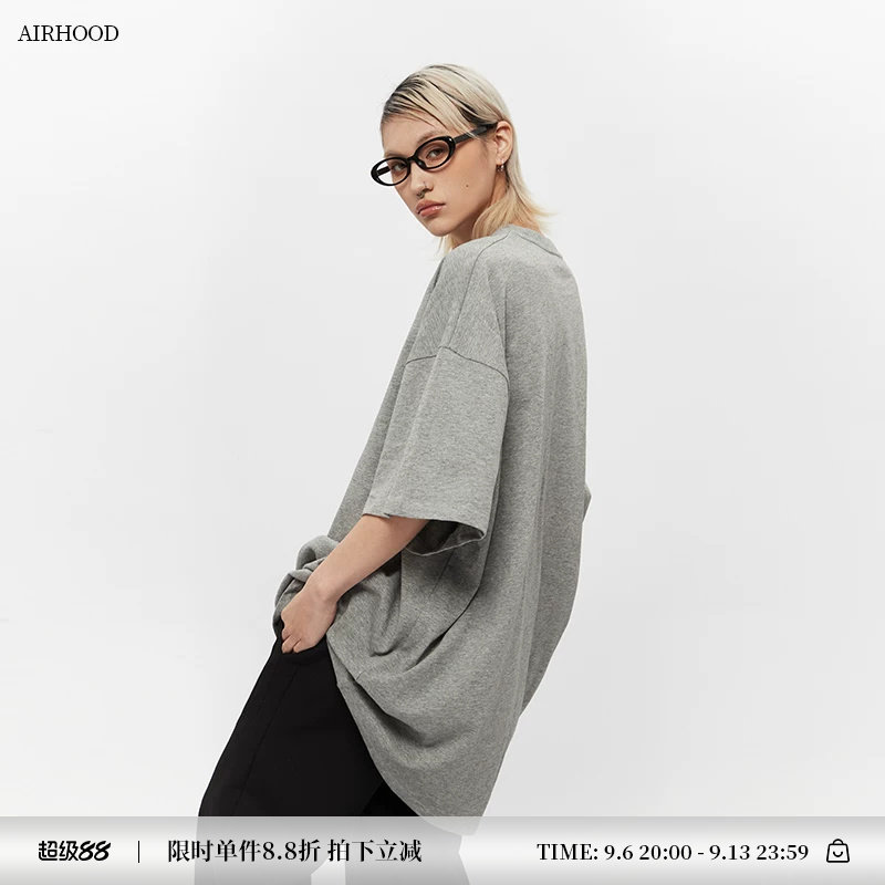 AIRHOOD美式中长款纯棉oversize休闲短袖T恤女大版宽松半袖上衣夏