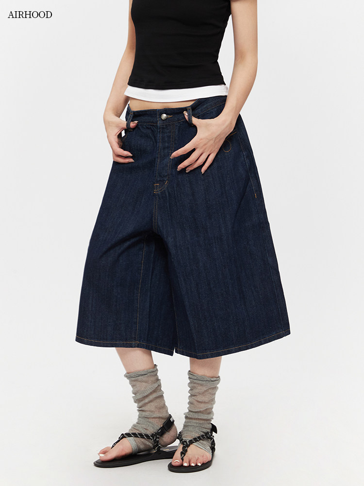 2025 Summer New Straight Wide-Leg Retro Cropped Pants American Loose Denim Shorts for Men and Women