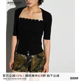 AIRHOOD 韩系贝壳扣五分袖T恤女黑色方领修身显瘦百搭中袖上衣夏