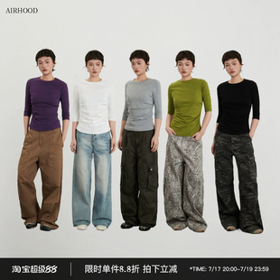 AIRHOOD 欧美褶皱收腰七分袖T恤女修身打底衫简约中袖正肩上衣ins