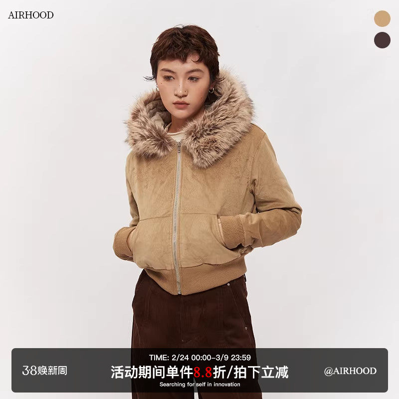 AIRHOOD 2025美式复古毛领夹棉连帽短款棉服女加厚保暖收腰外套冬