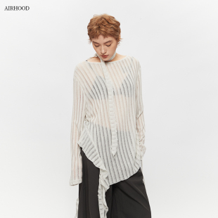 T恤女微透辣妹罩衫 长袖 上衣夏 性感纯欲不规则条纹薄款 AIRHOOD秋季
