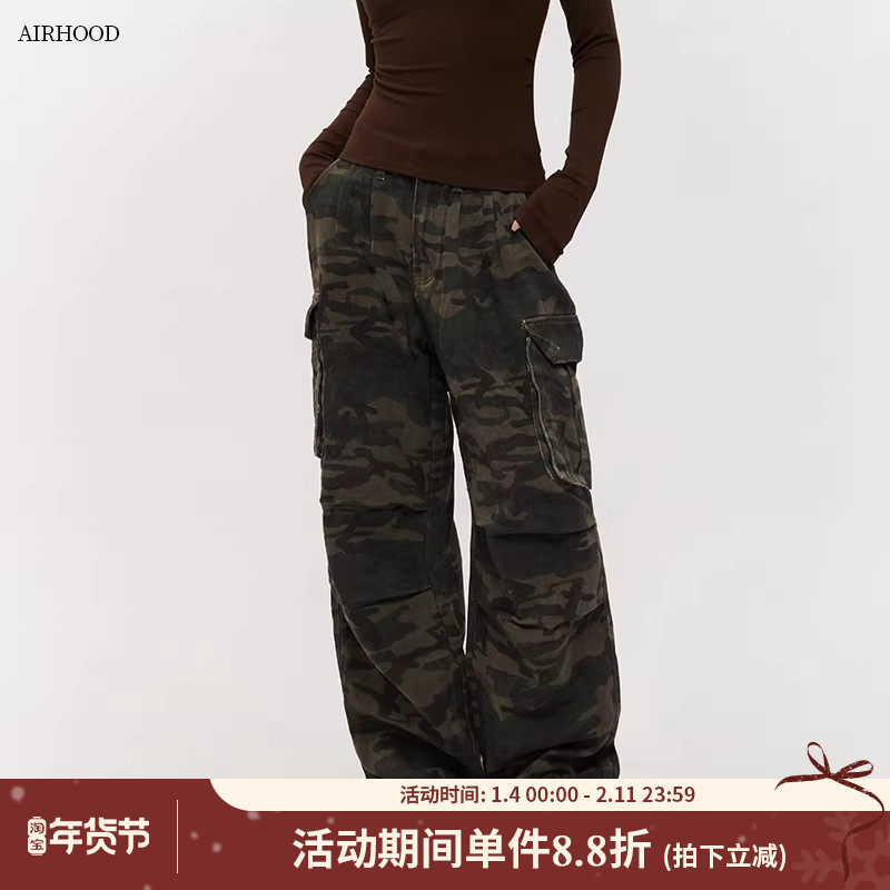 AIRHOOD 美式工装迷彩阔腿裤情侣宽松直筒多口袋设计感休闲长裤女,女装/女士精品,休闲裤,淘宝优惠券,粉丝福利购,淘宝优惠卷