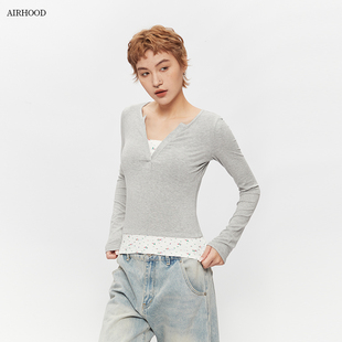 新款 AIRHOOD T恤女2025春秋季 美式 打底辣妹上衣 复古假两件V领长袖