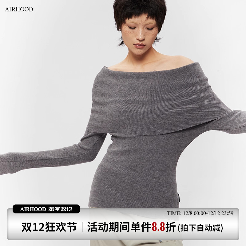 AIRHOOD 2025气质修身显瘦长袖针织衫毛衣女秋冬季一字领露肩上衣