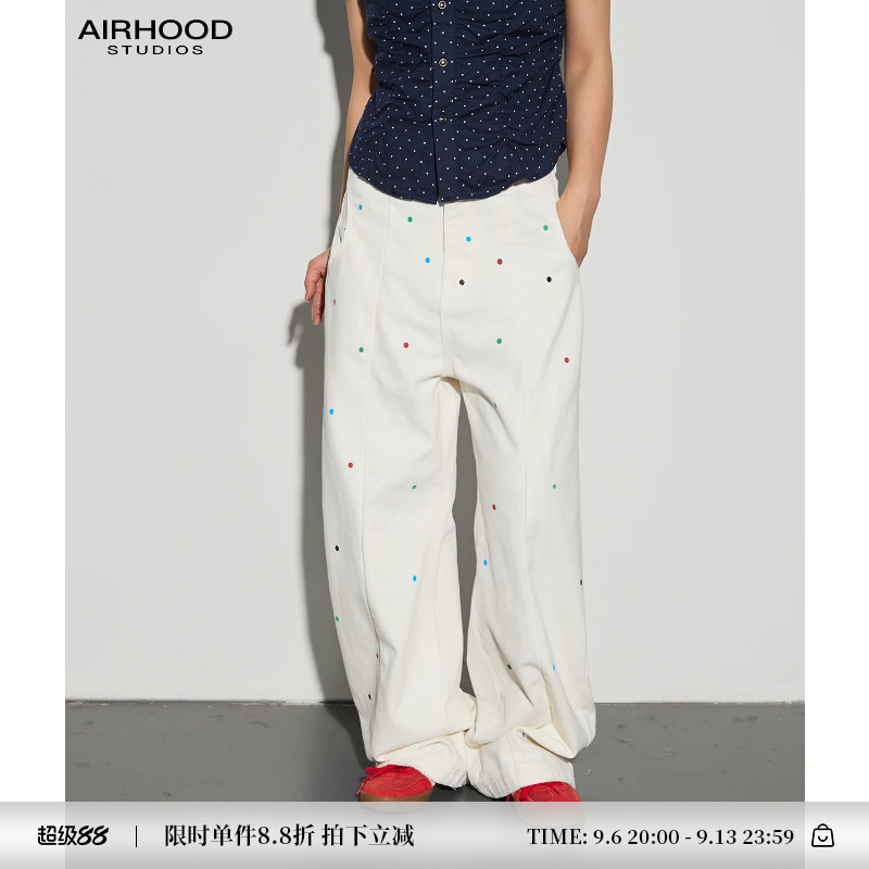 AIRHOOD 美式复古彩色波点白色牛仔裤女宽松直筒长裤丹宁风格秋季