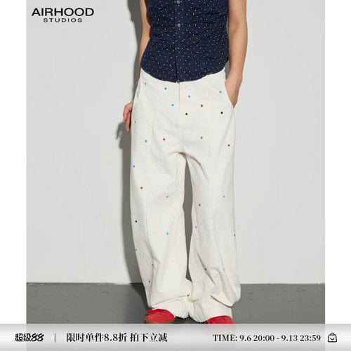 AIRHOOD 美式复古彩色波点白色牛仔裤女宽松直筒长裤丹宁风格秋季