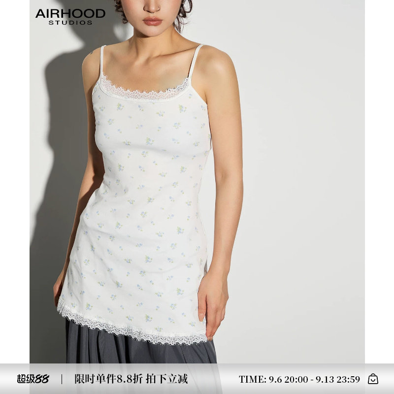 AIRHOOD 法式甜美风碎花蕾丝边吊带背心女显瘦修身内搭中长款上衣