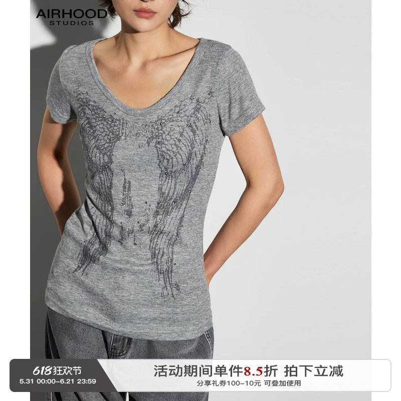 AIRHOOD 千禧辣妹风V领正肩短袖T恤女美式翅膀烫钻修身显瘦上衣夏