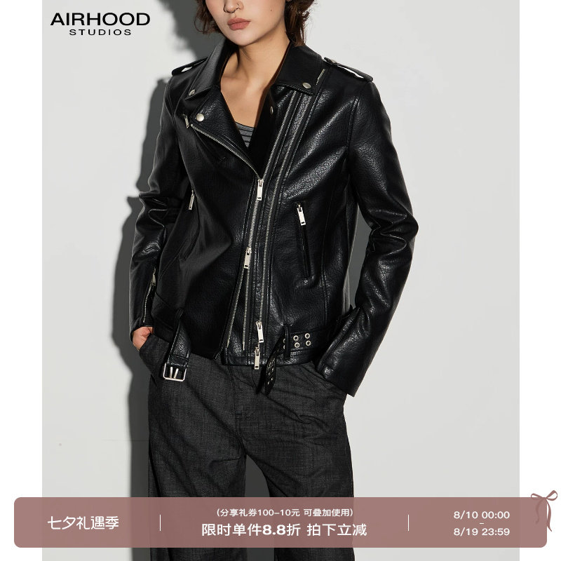 AIRHOOD 复古机车风黑色真皮皮衣女秋季短款修身拉链夹克帅气外套