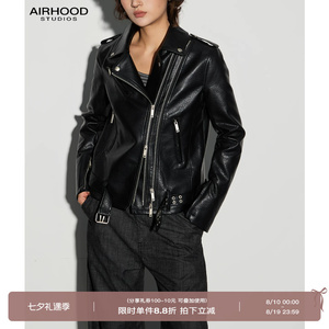 AIRHOOD 复古机车风黑色真皮皮衣女秋季短款修身拉链夹克帅气外套