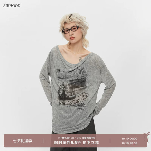 AIRHOOD春夏2026斜露肩设计感慵懒t恤女长袖宽松防晒薄款罩衫上衣
