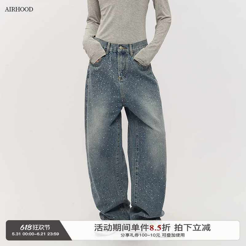 AIRHOOD 秋冬美式复古带烫钻牛仔裤女宽松直筒阔腿裤高街情侣裤子
