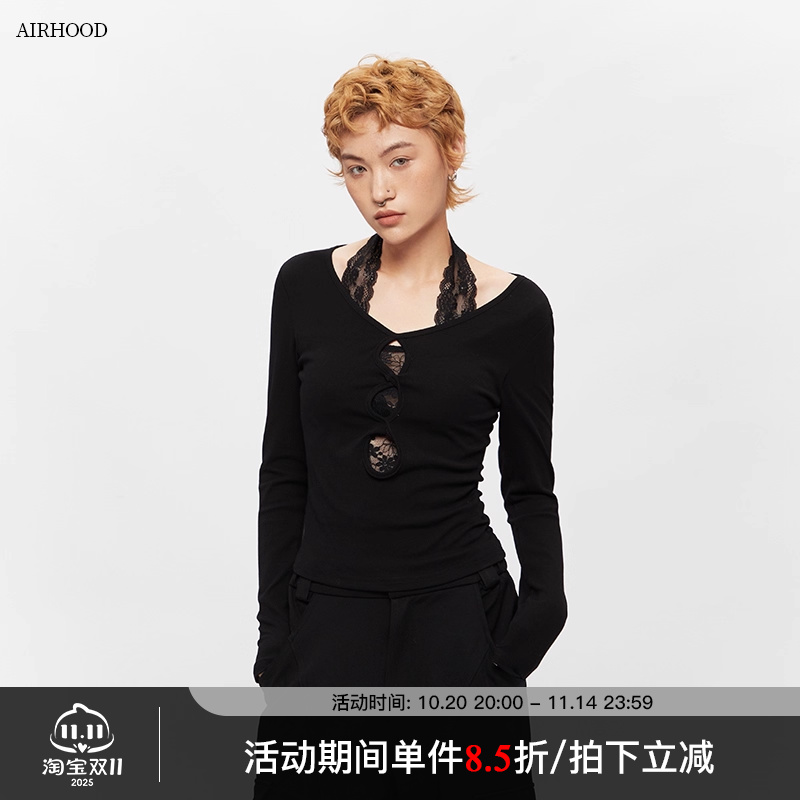 AIRHOOD 2025新款秋季蕾丝挂脖设计感小众修身显瘦长袖辣妹上衣女