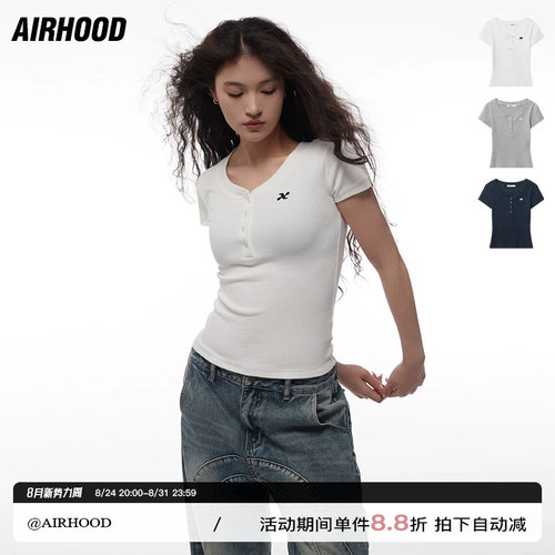 AIRHOOD 夏季修身纽扣V领大口正肩辣妹短款纯色短袖T恤上衣女ins
