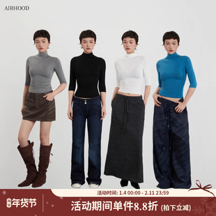 AIRHOOD半高领紧身五分袖T恤修身显瘦2026春夏内搭打底中袖上衣女