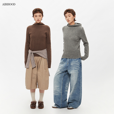 AIRHOOD 美式复古2025秋冬新款连帽针织衫女长袖修身内搭打底毛衣