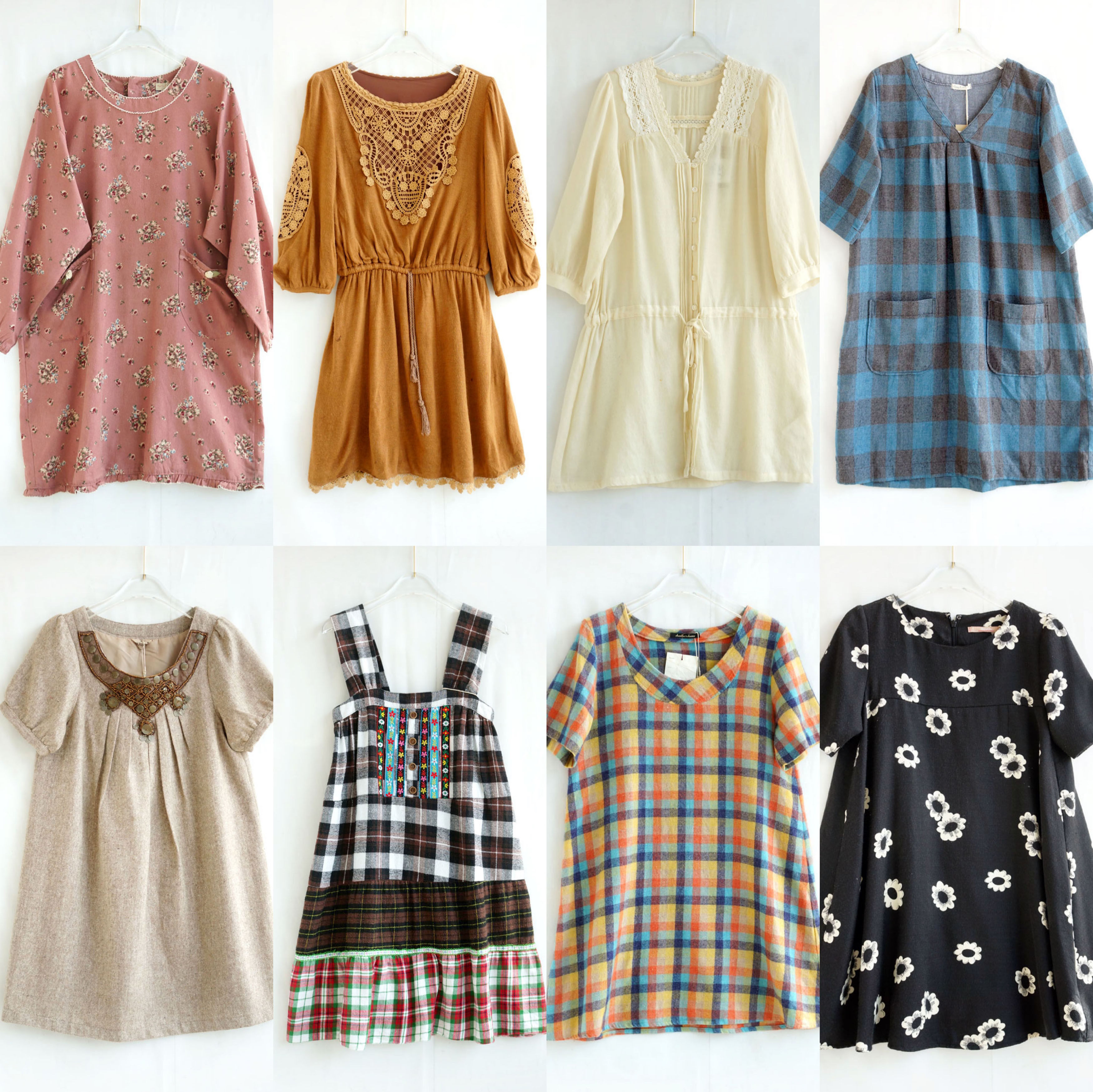 秋季日系古着vintage复古格纹森女系绣花球球棉布毛呢连衣裙孤品