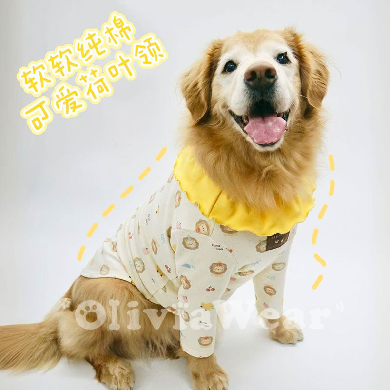 可爱荷叶领 新品金毛大型犬春款保暖护肘纯棉衣服卡通印花长袖