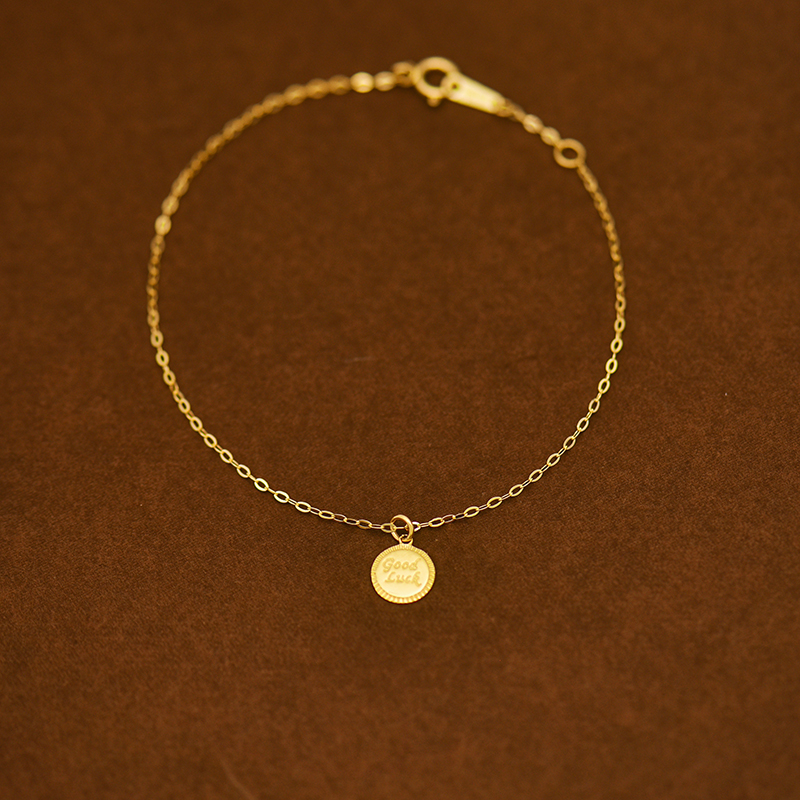 韩国流行韩国14K黄金手链女  个性时尚圆形刻字吊坠手链女礼品