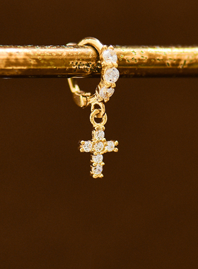 韩国时尚10K黄金耳环女 高级感小清新镶钻十字架通勤彩金耳扣单只