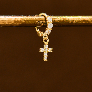 韩国时尚10K黄金耳环女 高级感小清新镶钻十字架通勤彩金耳扣单只