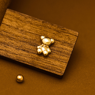 韩国时尚 素金小熊螺纹螺丝耳饰通体K金养耳洞单只 10K黄金耳钉女