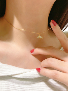 日韩流行韩国14K黄金项链女 个性可爱锆石鲸鱼尾巴吊坠短款锁骨链