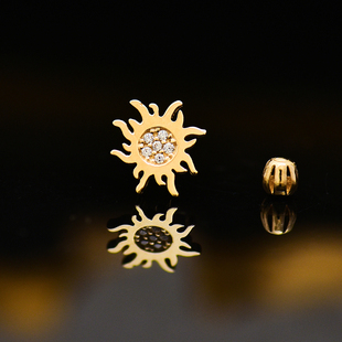 韩国10K黄金耳钉女 镶钻太阳花螺纹螺丝耳饰通体K金养耳洞单只