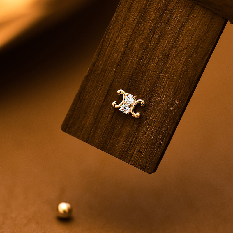 韩国时尚14K黄金耳钉女 镶钻字母螺纹螺丝耳饰通体K金养耳洞单只