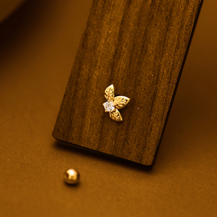 韩国时尚10K黄金耳钉女 镶钻叶子螺纹螺丝耳饰通体K金养耳洞单只