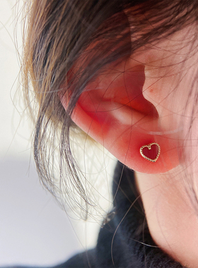 韩国流行10K黄金耳钉女 简约红色爱心直杆螺纹耳钉睡觉不用摘单只