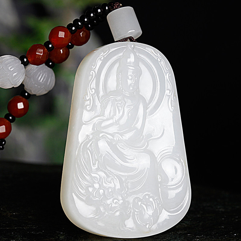 玉友新款和田玉白玉乘龙观音玉牌挂件男玉坠巧雕天然玉石玉器吊坠