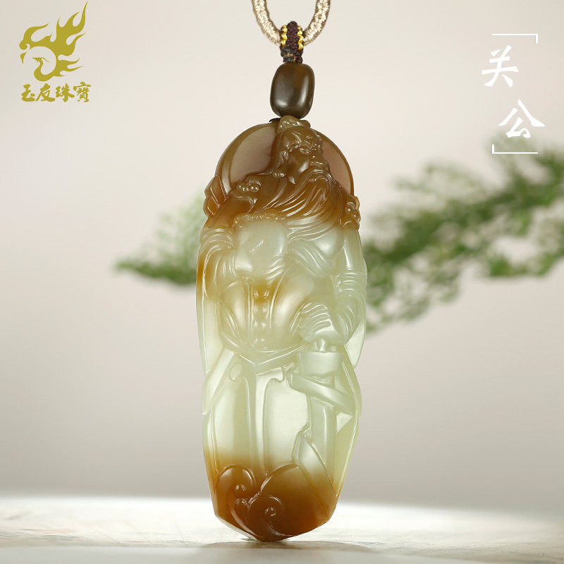 和田玉关公手把件男款糖青白