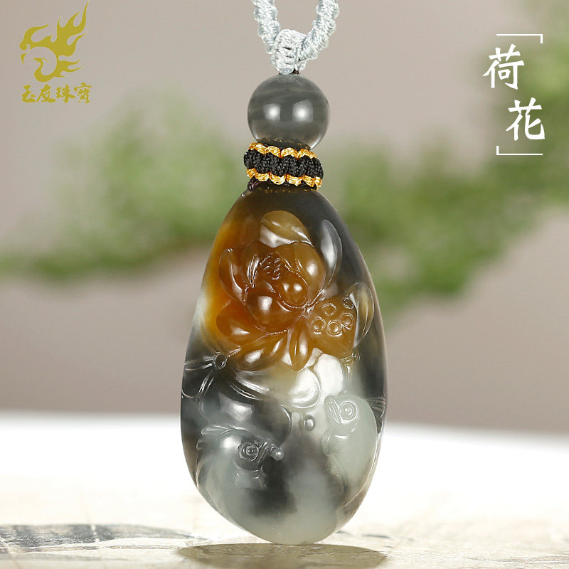 和田玉荷花锦鲤吊坠女款玉坠